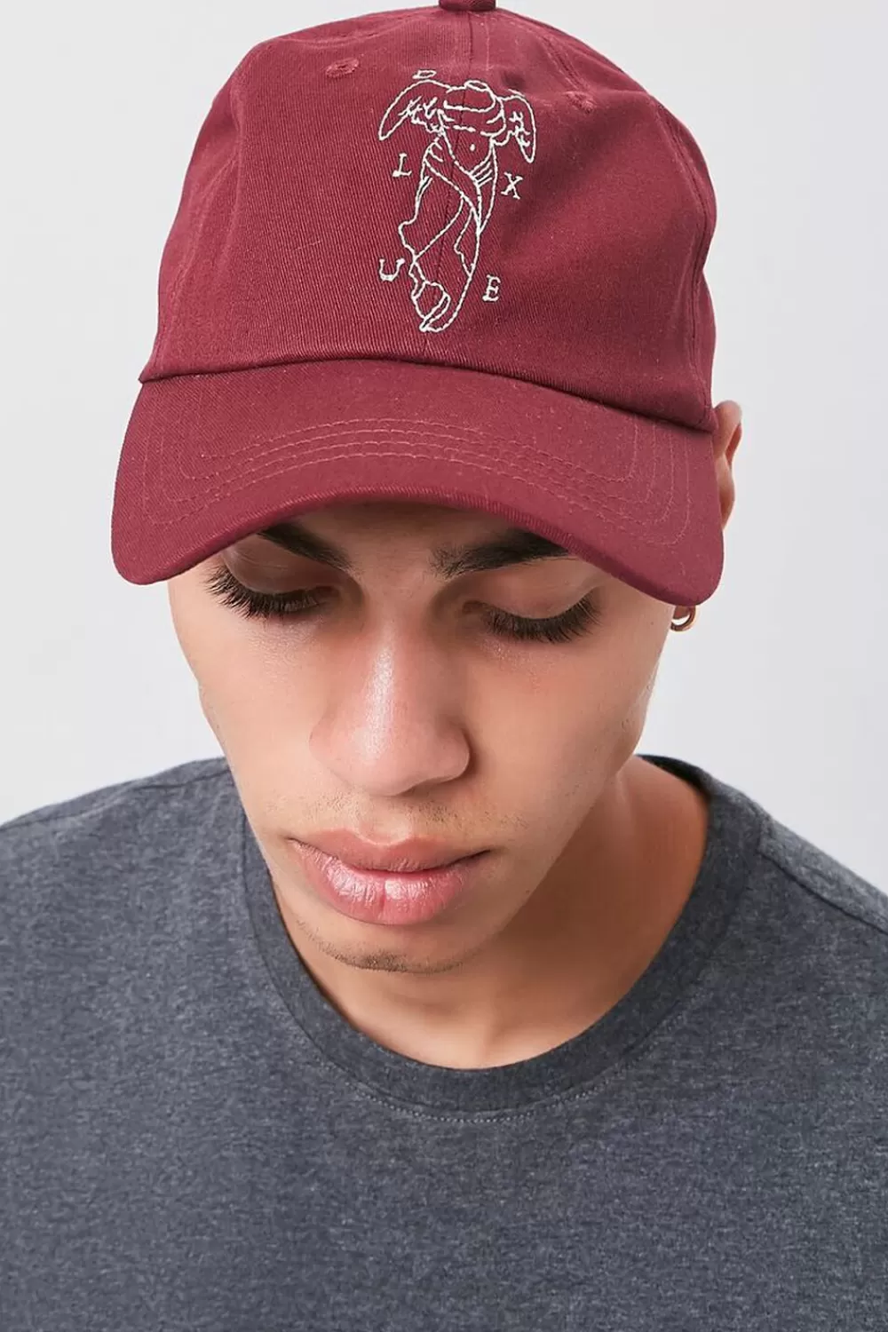 Hats + Beanies>Forever 21 Embroidered Deluxe Graphic Cap Burgundy/White