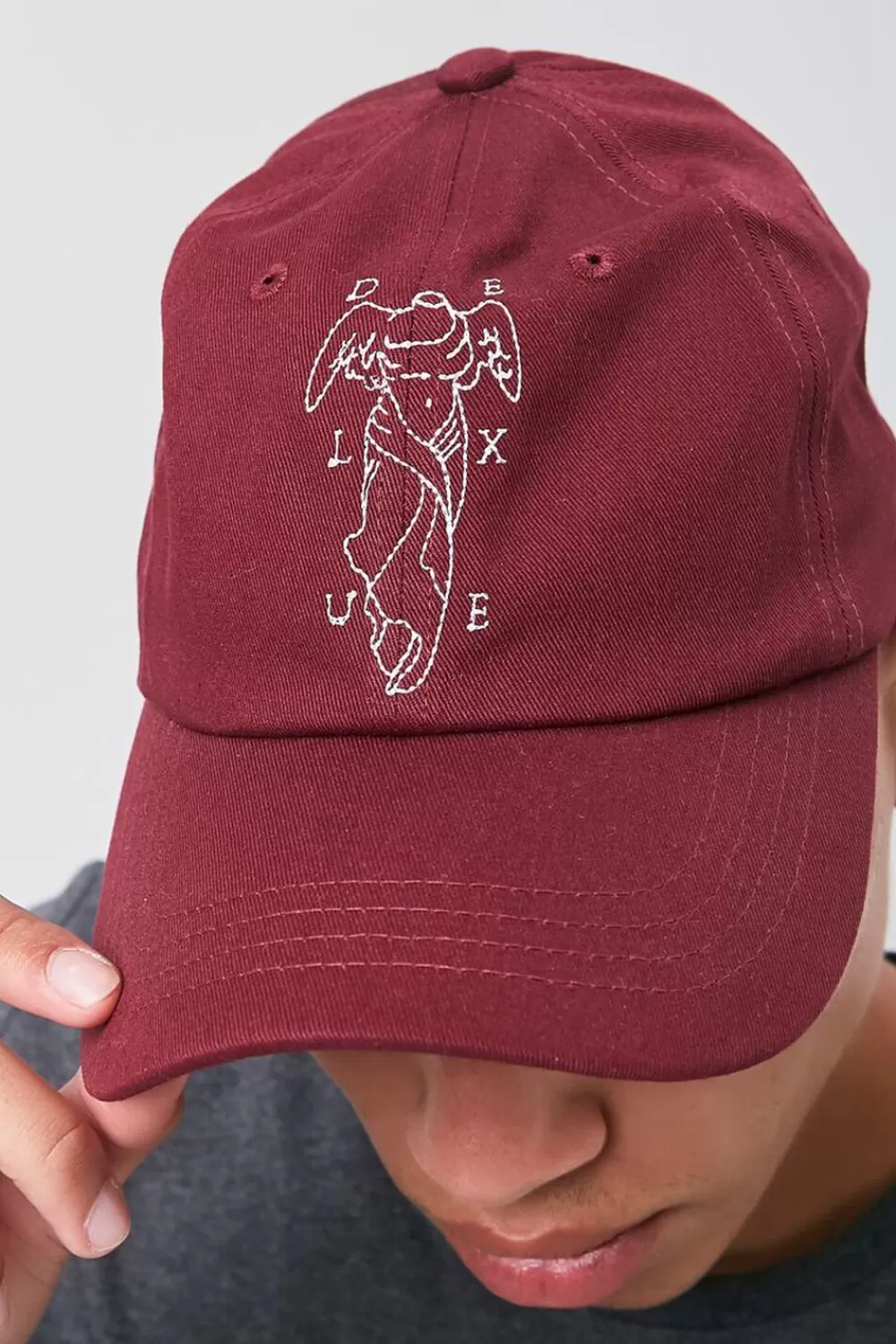 Hats + Beanies>Forever 21 Embroidered Deluxe Graphic Cap Burgundy/White