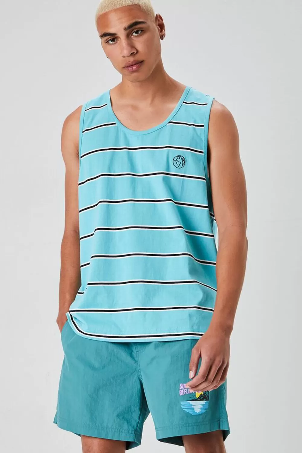 Tops>Forever 21 Embroidered Earth Striped Tank Top Teal/Multi