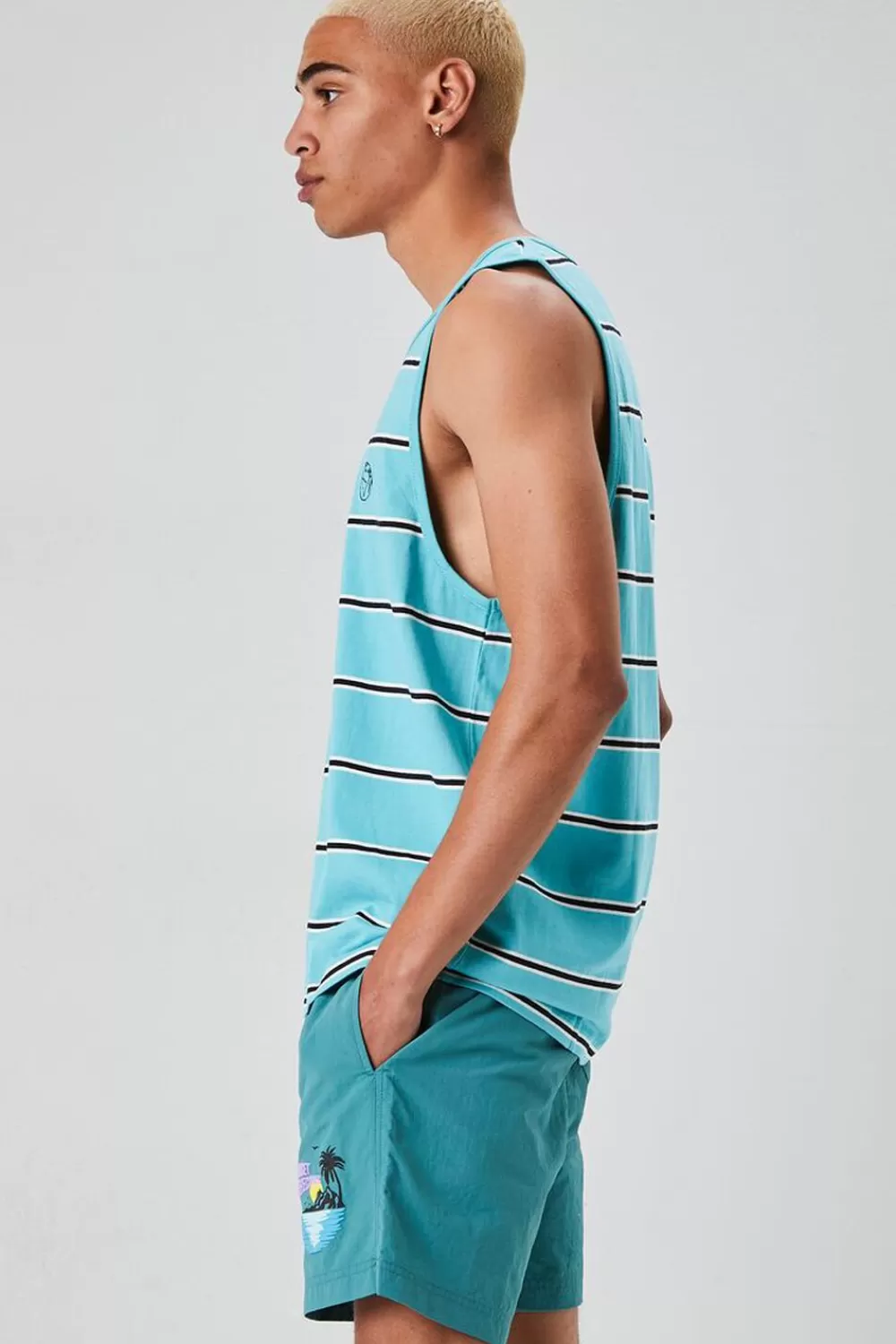 Tops>Forever 21 Embroidered Earth Striped Tank Top Teal/Multi