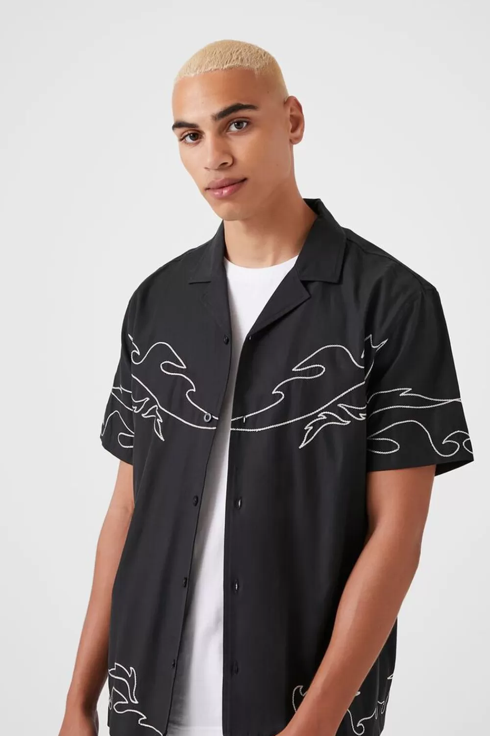 Tops>Forever 21 Embroidered Flame Shirt Black/White