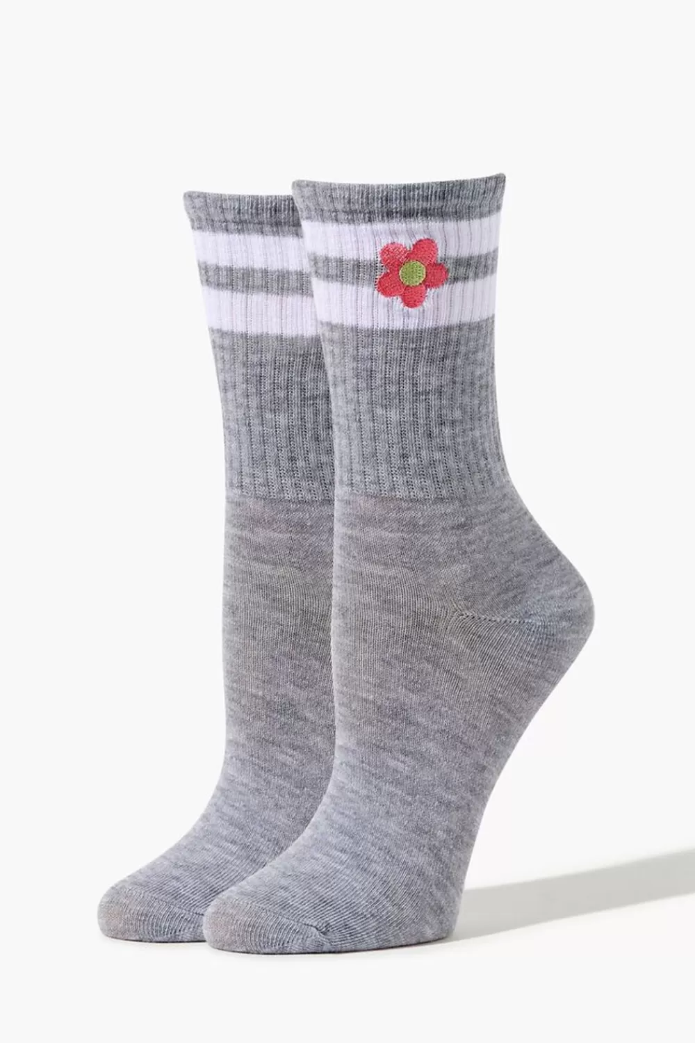 Socks + Tights>Forever 21 Embroidered Floral Crew Socks Grey/White