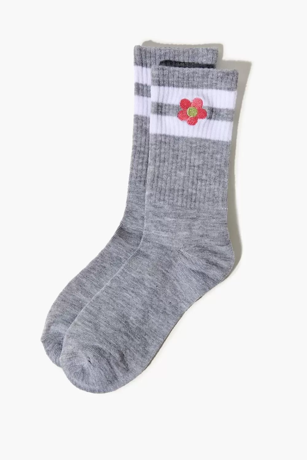 Socks + Tights>Forever 21 Embroidered Floral Crew Socks Grey/White