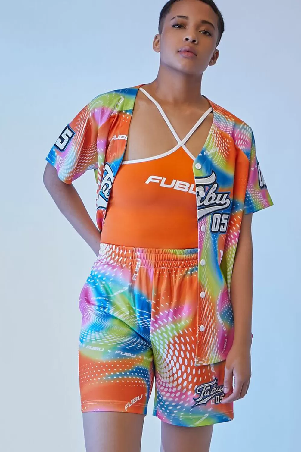 Bottoms>Forever 21 Embroidered Fubu Mesh Shorts Orange/Multi
