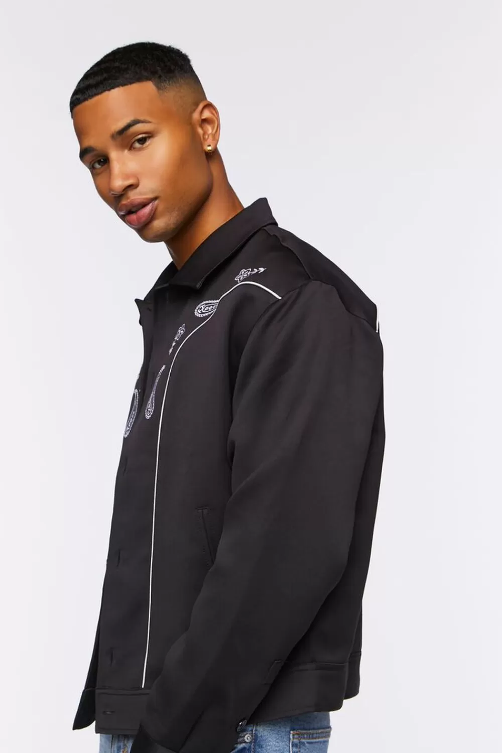 Jackets + Outerwear>Forever 21 Embroidered Paisley Bomber Jacket Black/White