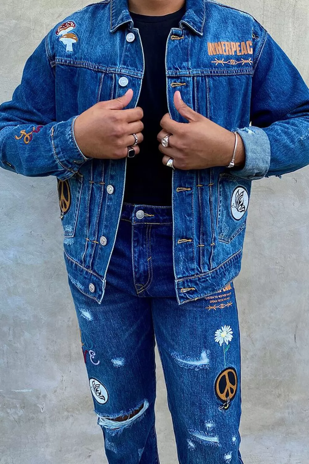 Jackets + Outerwear>Forever 21 Embroidered Peace Denim Jacket Medium Denim