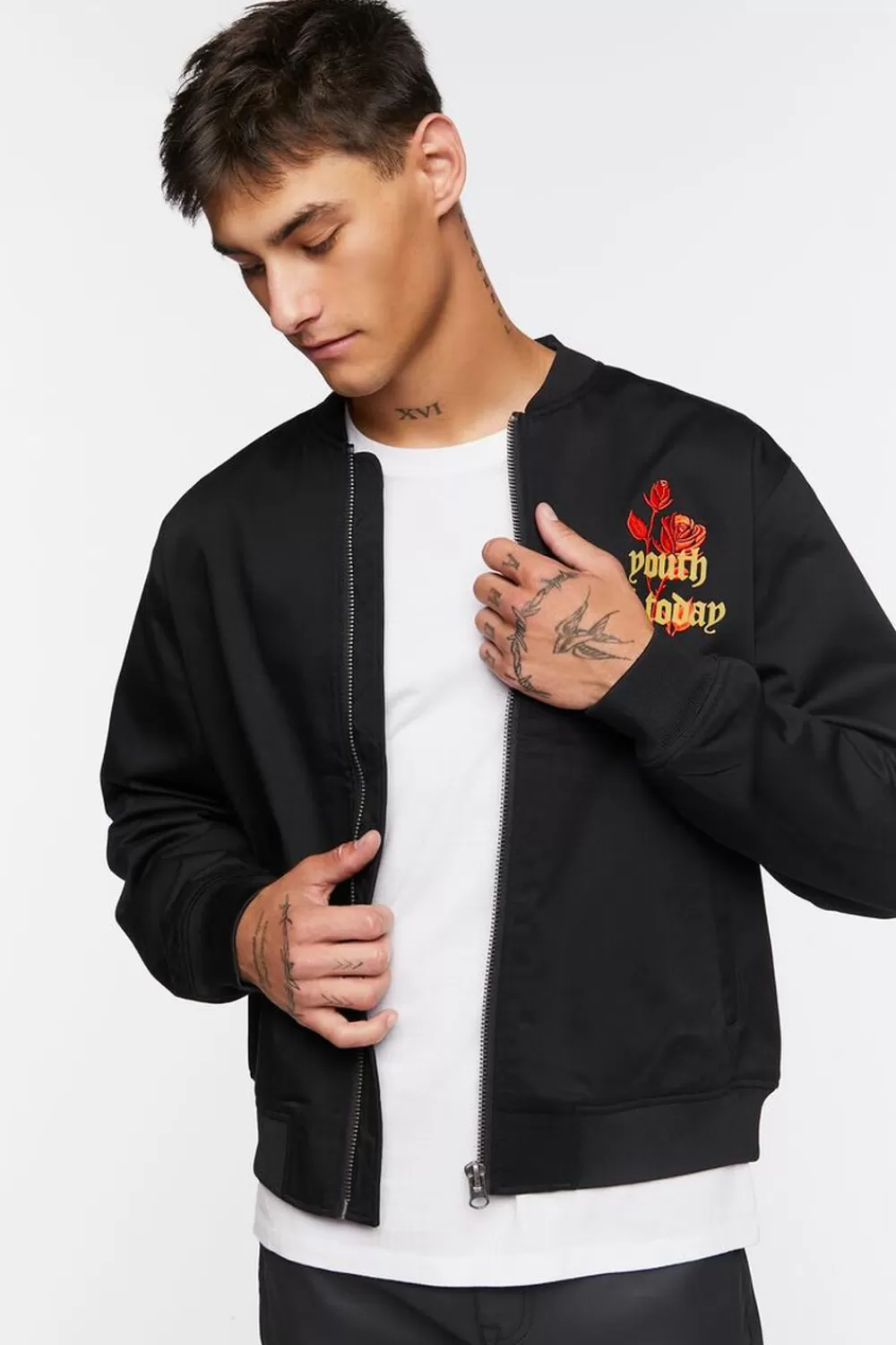 Jackets + Outerwear>Forever 21 Embroidered Rose Bomber Jacket Black/Multi
