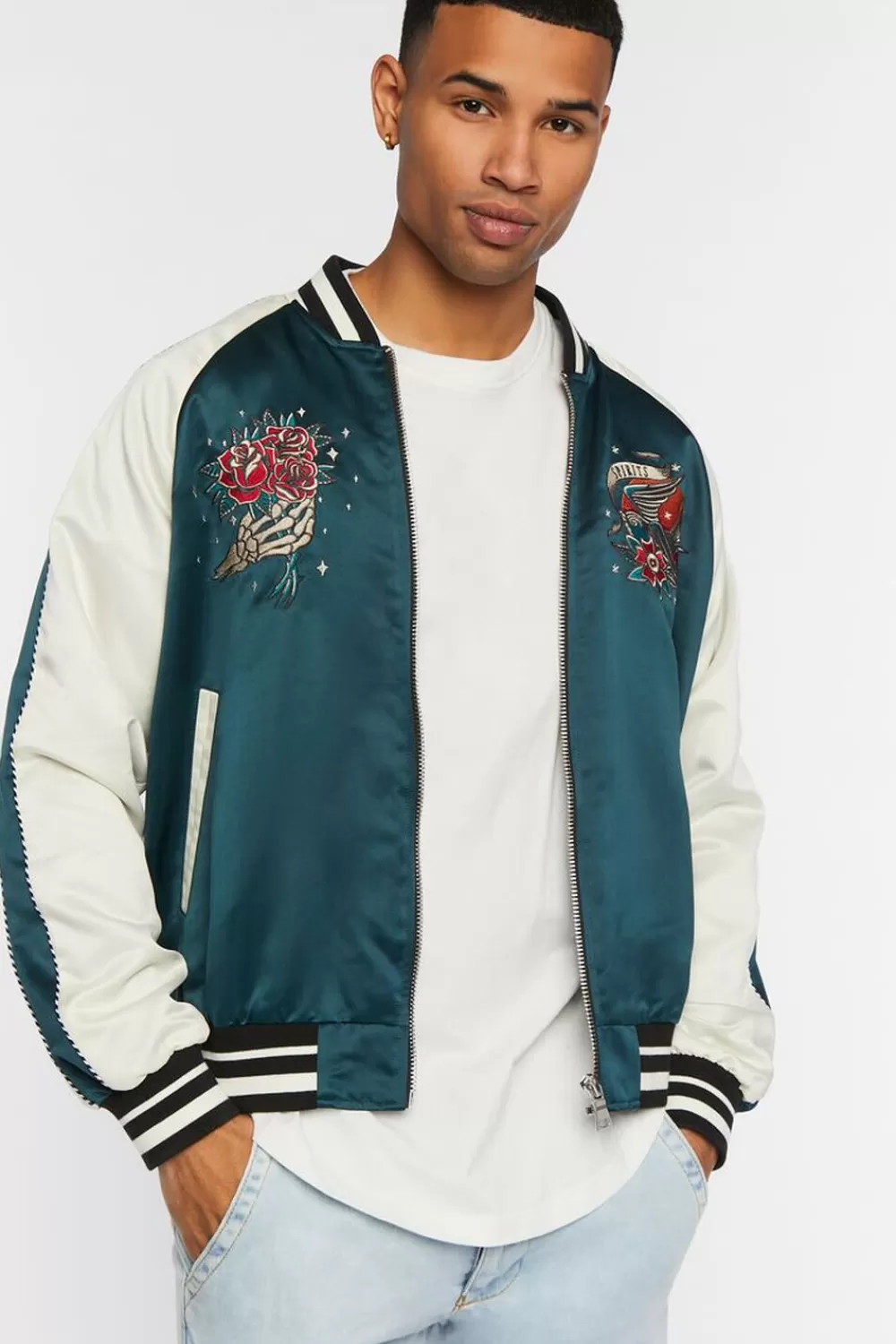 Jackets + Outerwear>Forever 21 Embroidered Varsity Souvenir Jacket Hunter Green/Multi