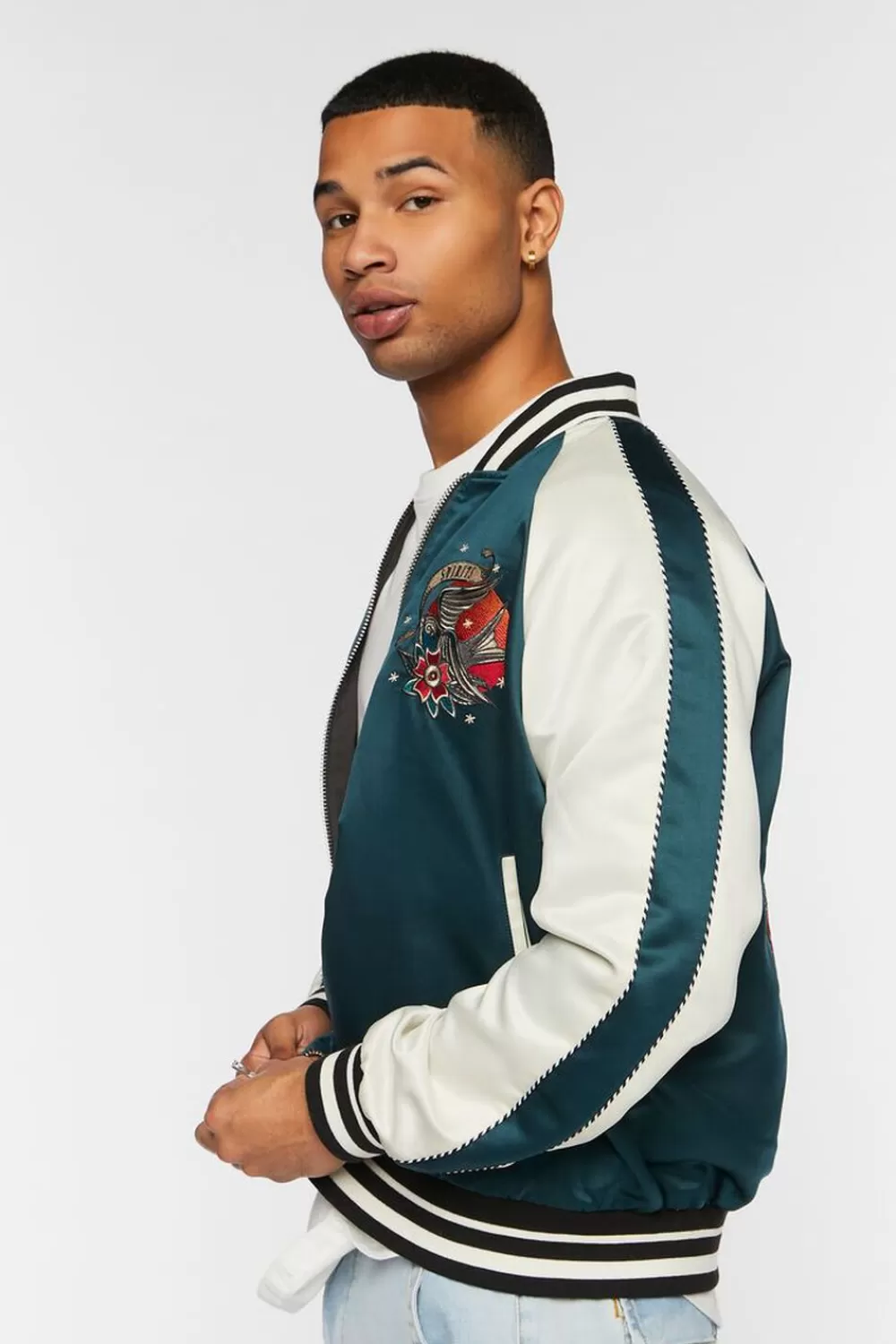 Jackets + Outerwear>Forever 21 Embroidered Varsity Souvenir Jacket Hunter Green/Multi