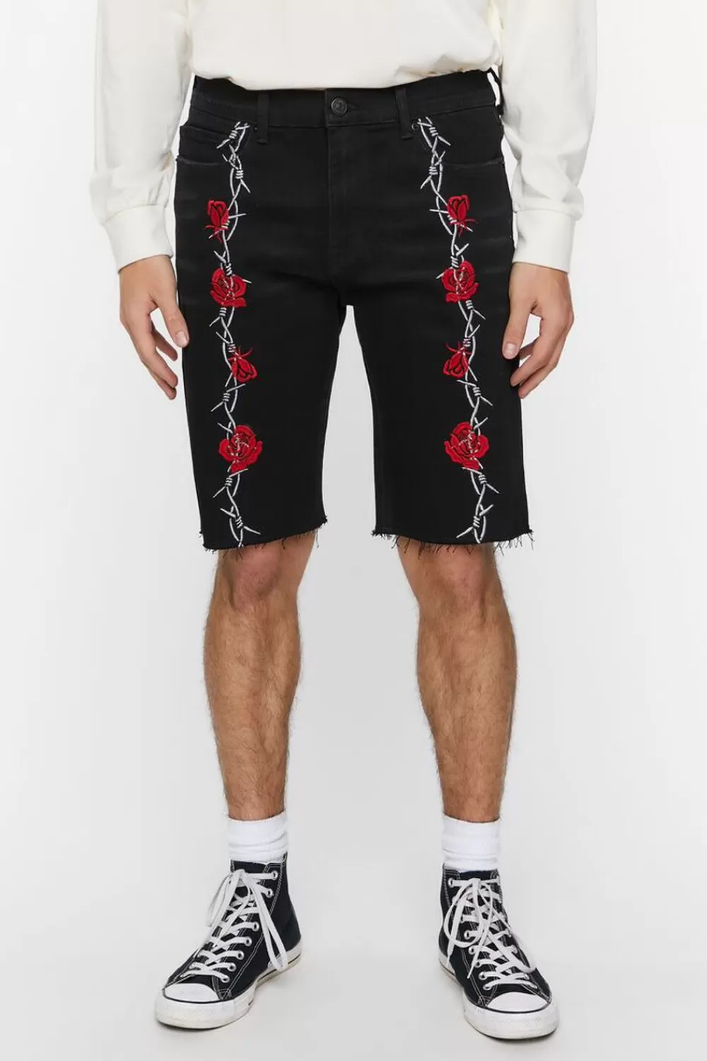 Jeans + Denim>Forever 21 Embroidered Wire & Roses Denim Shorts Black/Multi