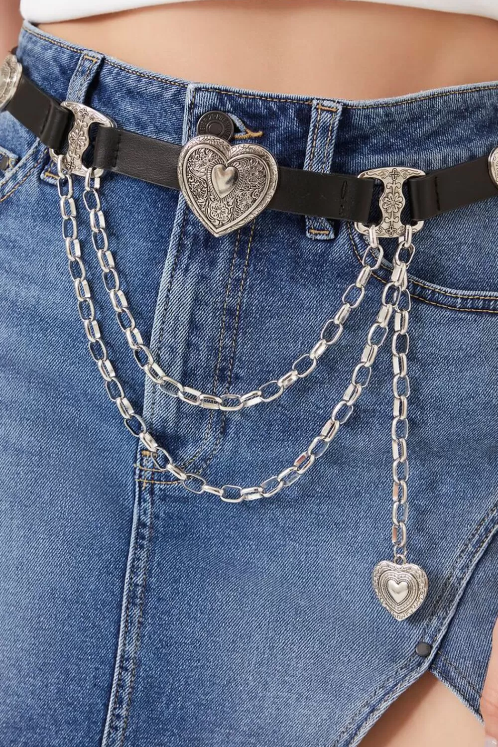 Belts>Forever 21 Etched Heart Faux Leather Belt Black/Silver