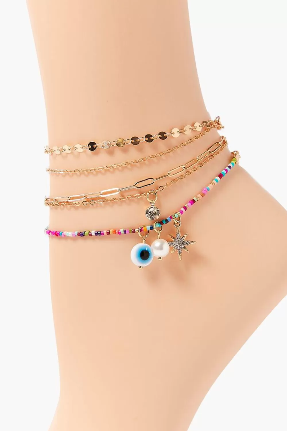 Body Jewelry>Forever 21 Evil Eye Charm Chain Anklet Set Gold/Multi