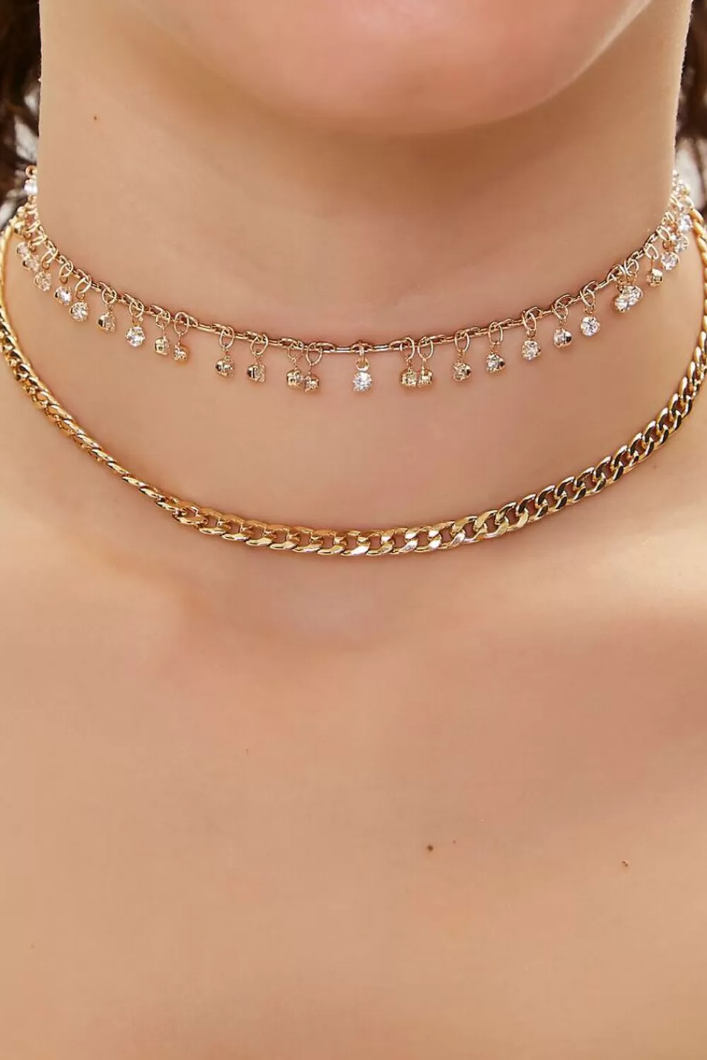 Necklaces>Forever 21 Faux Gem Charm Choker Necklace Set Gold/Clear