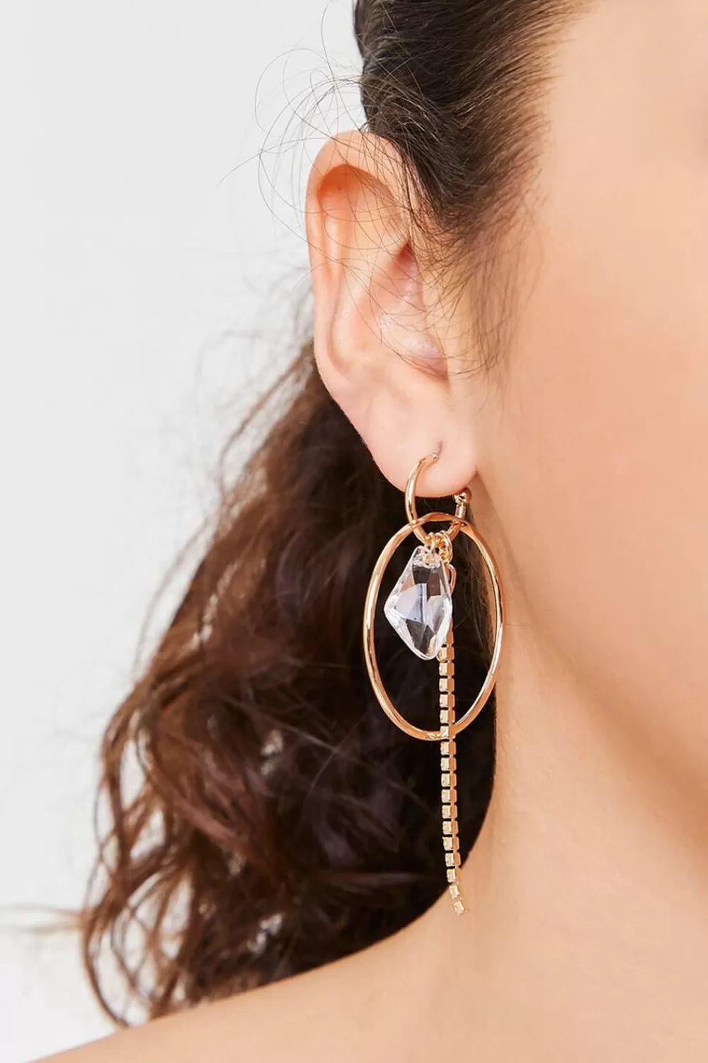 Earrings>Forever 21 Faux Gem Dual-Hoop Drop Earrings Gold/Clear