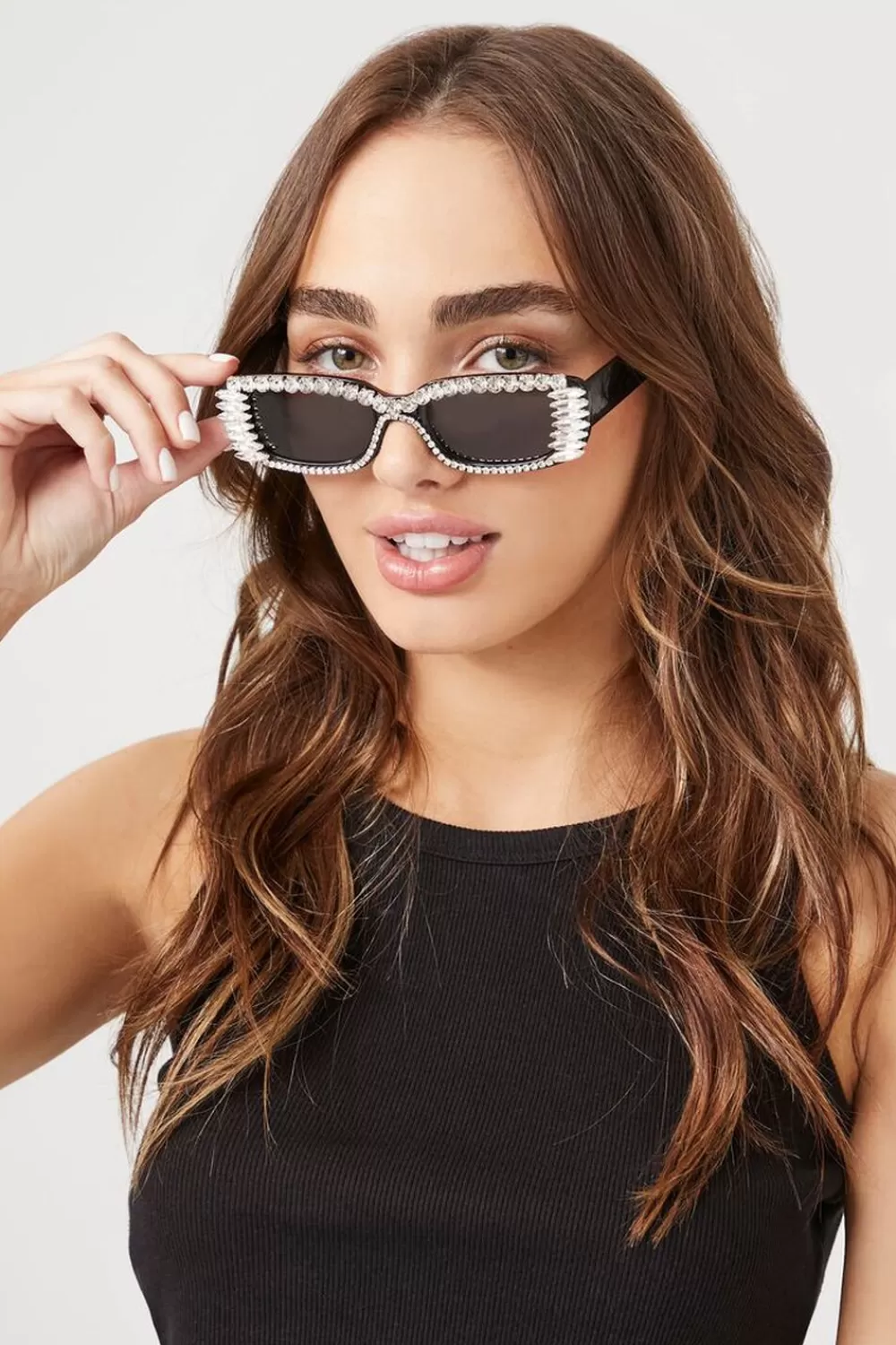 Sunglasses + Readers>Forever 21 Faux Gem Rectangular Sunglasses Black/Black