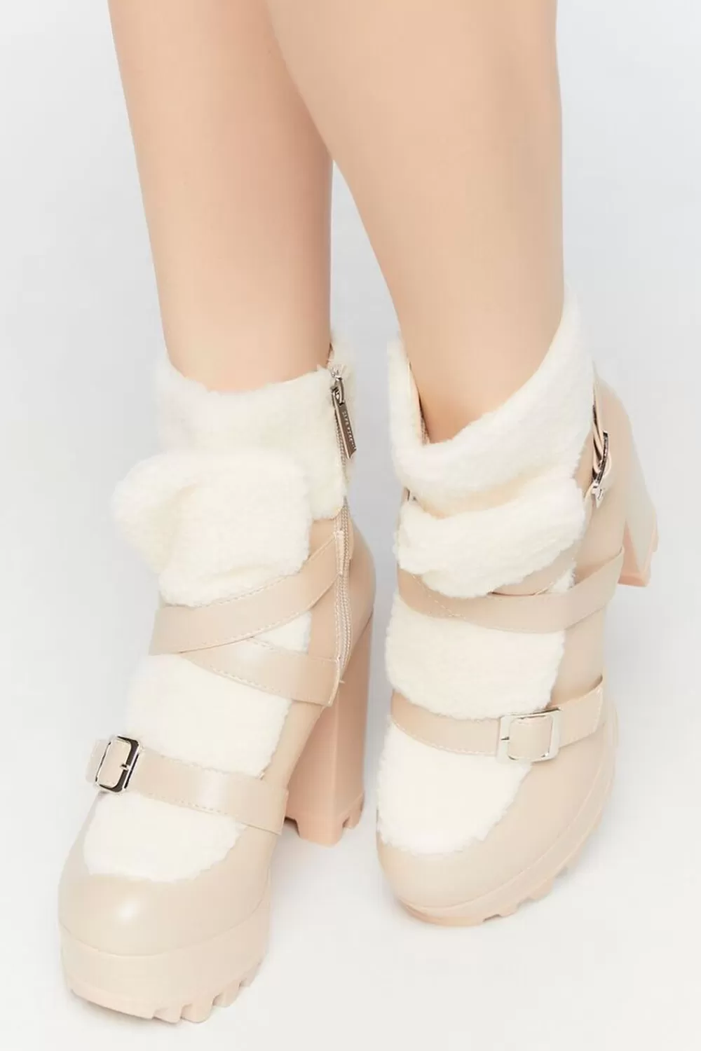 Boots + Booties>Forever 21 Faux Leather & Shearling Booties Nude