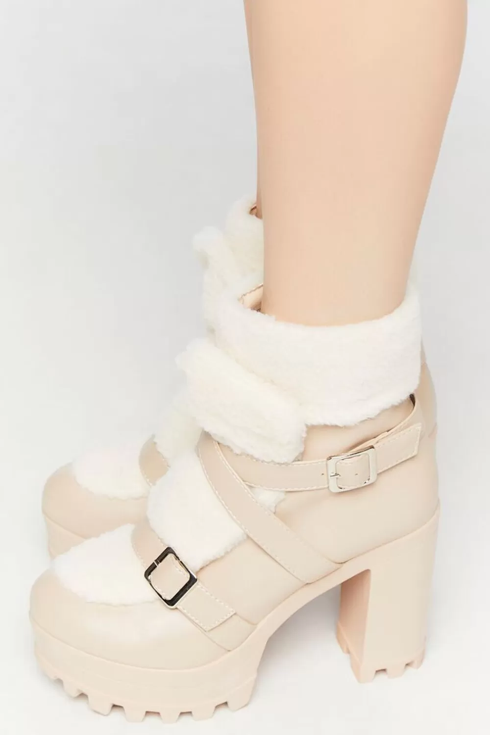 Boots + Booties>Forever 21 Faux Leather & Shearling Booties Nude