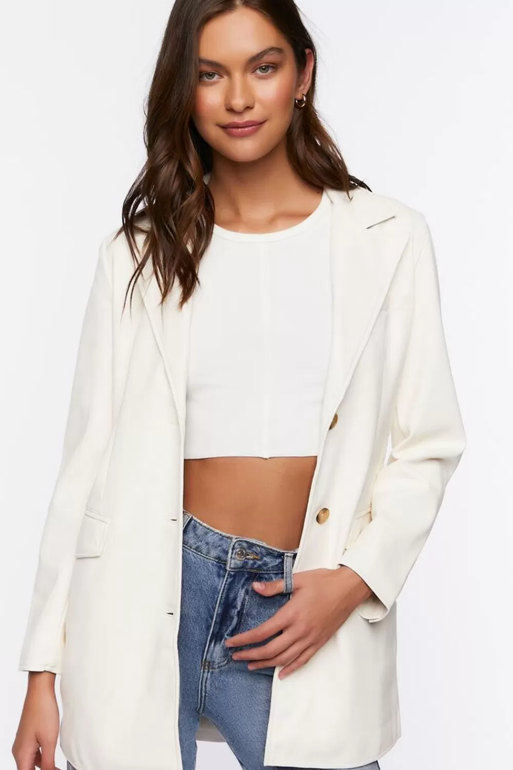 Jackets + Outerwear>Forever 21 Faux Leather Belted Blazer Cream