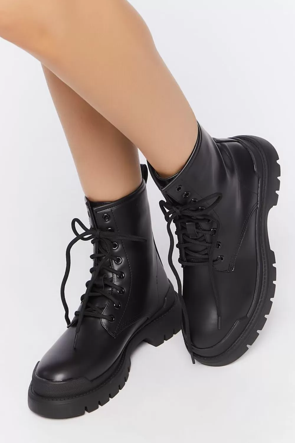 Boots + Booties>Forever 21 Faux Leather Colorblock Combat Boots Black/Black