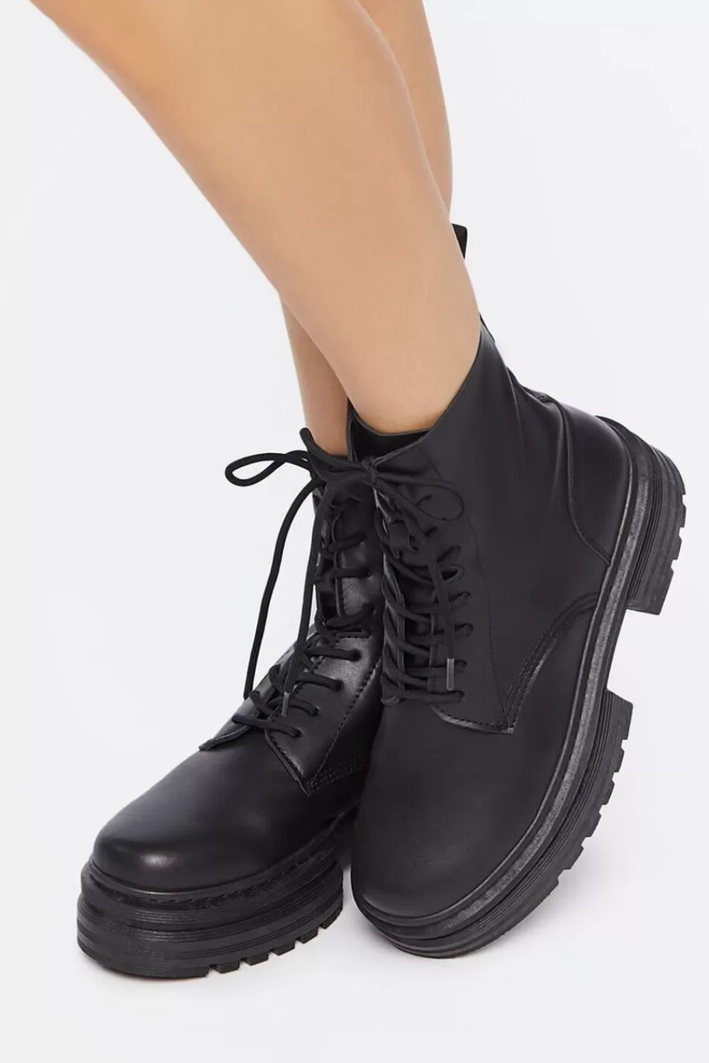 Wedges + Platforms>Forever 21 Faux Leather Combat Boots Black/Black