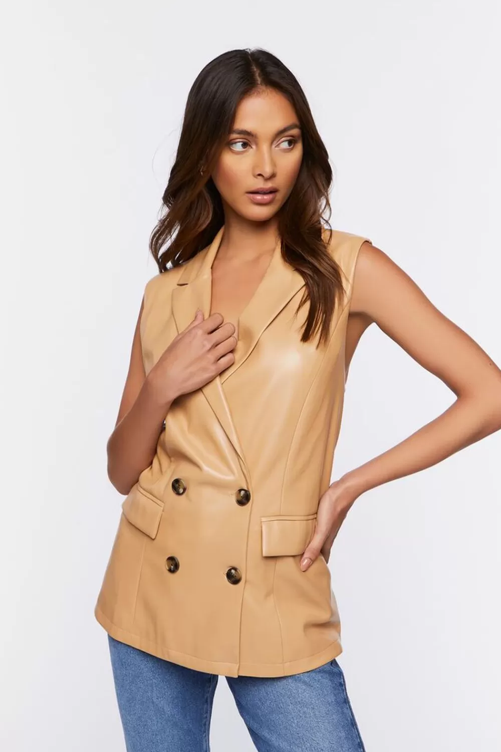 Jackets + Outerwear>Forever 21 Faux Leather Double-Breasted Vest Tan