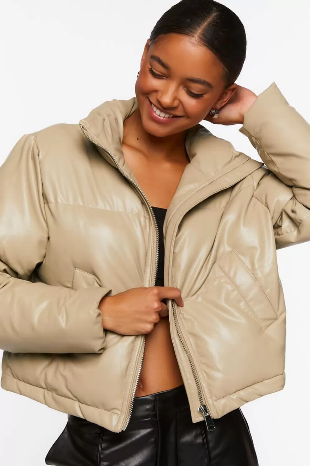 Jackets + Outerwear>Forever 21 Faux Leather Drawstring Puffer Jacket Taupe