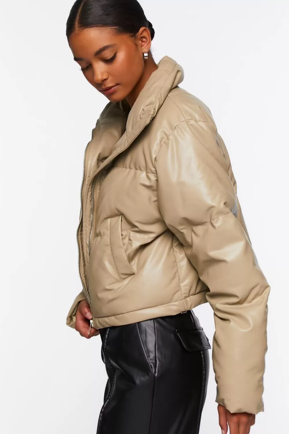 Jackets + Outerwear>Forever 21 Faux Leather Drawstring Puffer Jacket Taupe