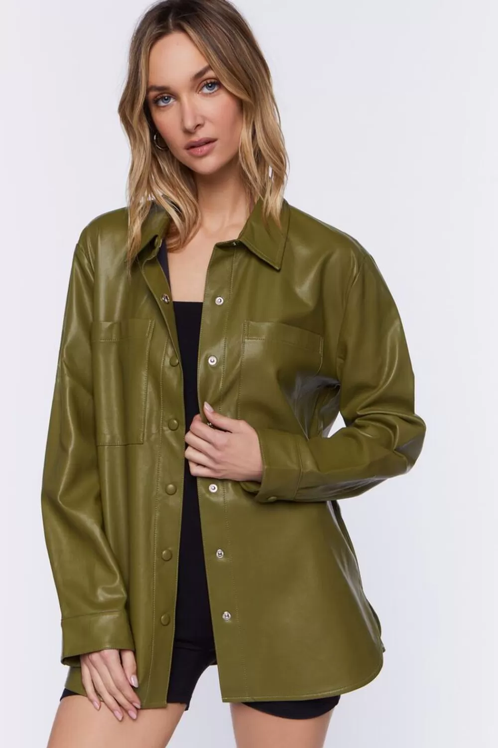 Jackets + Outerwear>Forever 21 Faux Leather Drop-Sleeve Shacket Olive