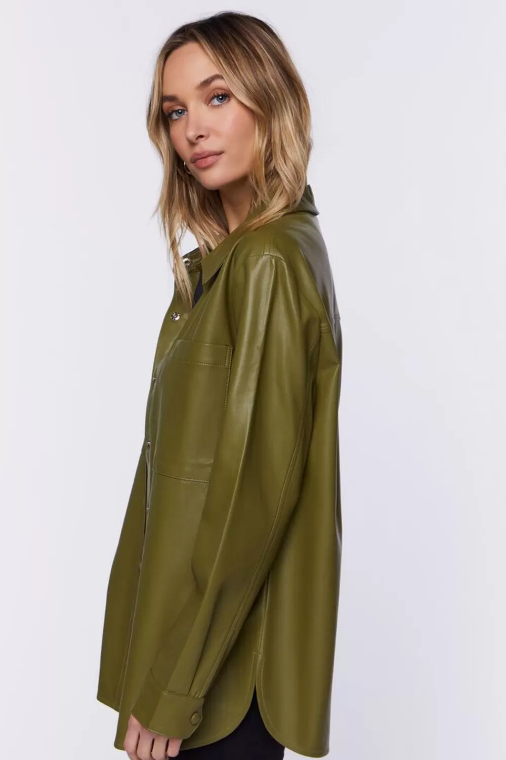 Jackets + Outerwear>Forever 21 Faux Leather Drop-Sleeve Shacket Olive