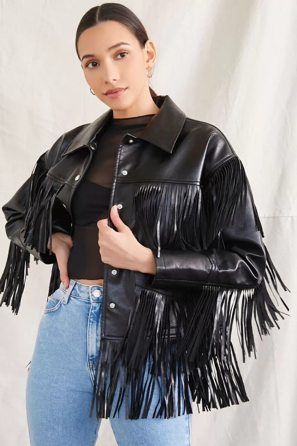 Jackets + Outerwear>Forever 21 Faux Leather Fringe Moto Jacket Black