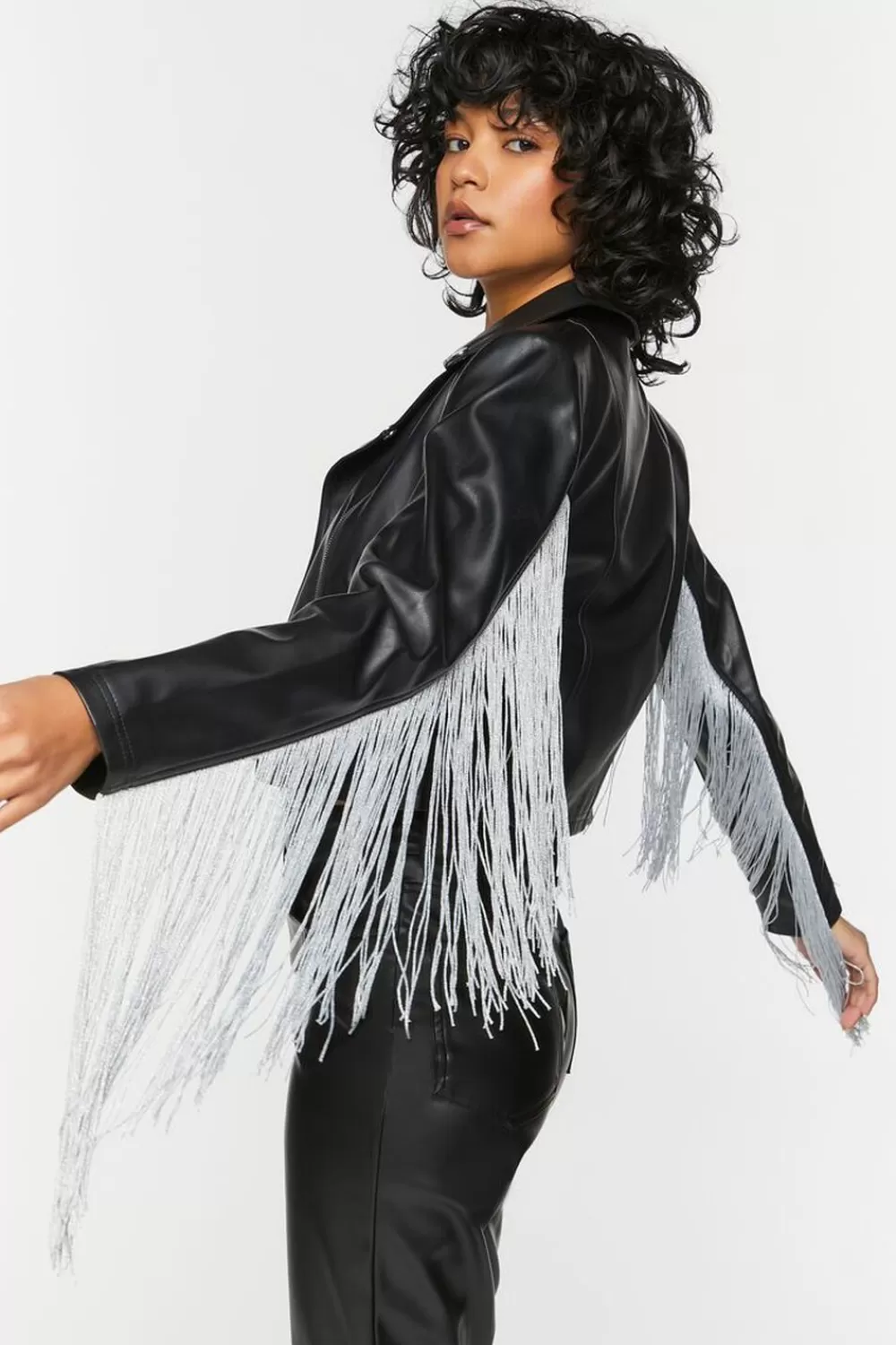 Jackets + Outerwear>Forever 21 Faux Leather Fringe Moto Jacket Black