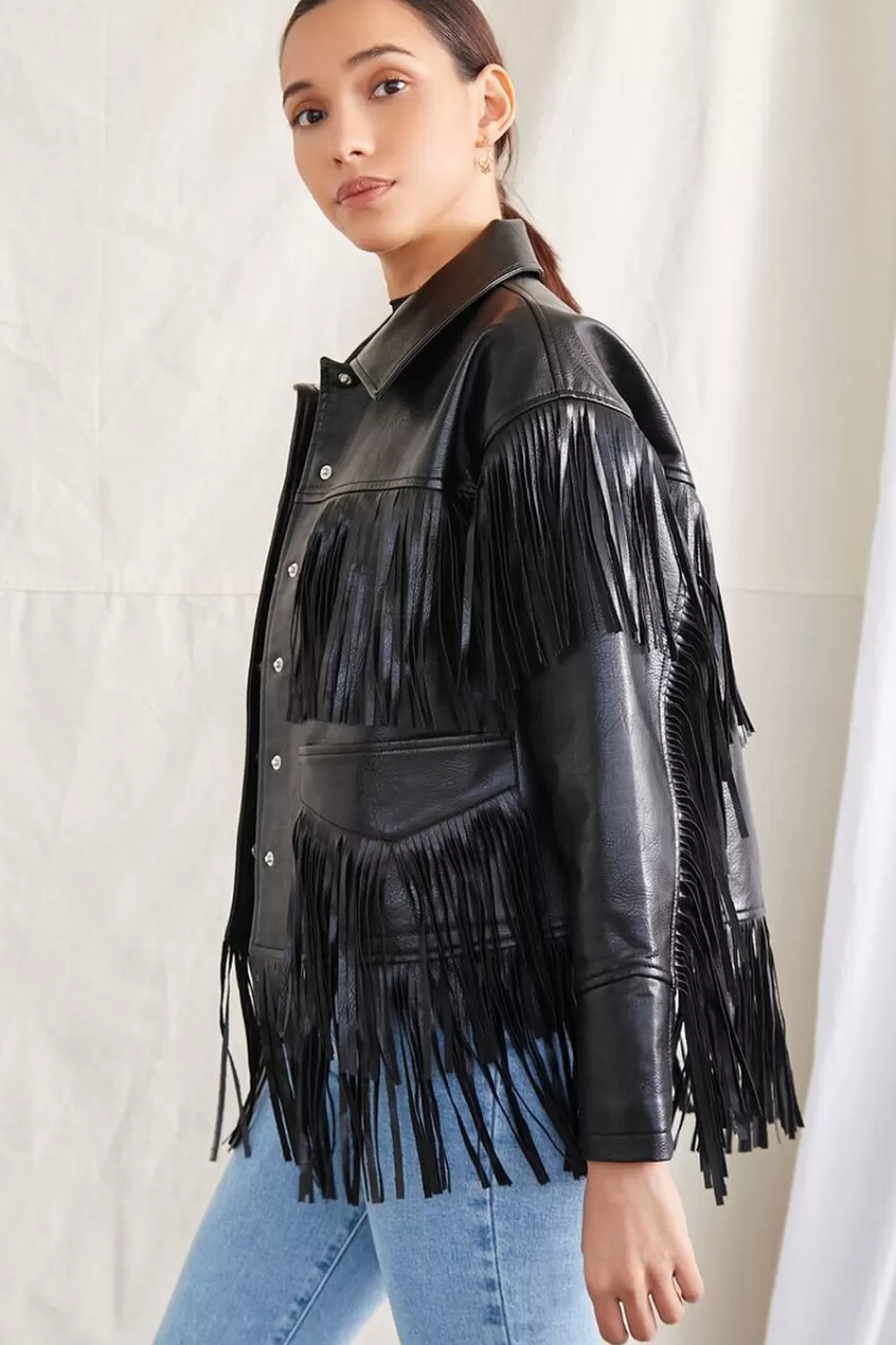 Jackets + Outerwear>Forever 21 Faux Leather Fringe Moto Jacket Black
