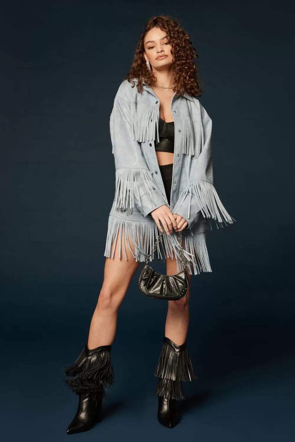 Jackets + Outerwear>Forever 21 Faux Leather Fringe Shacket Blue