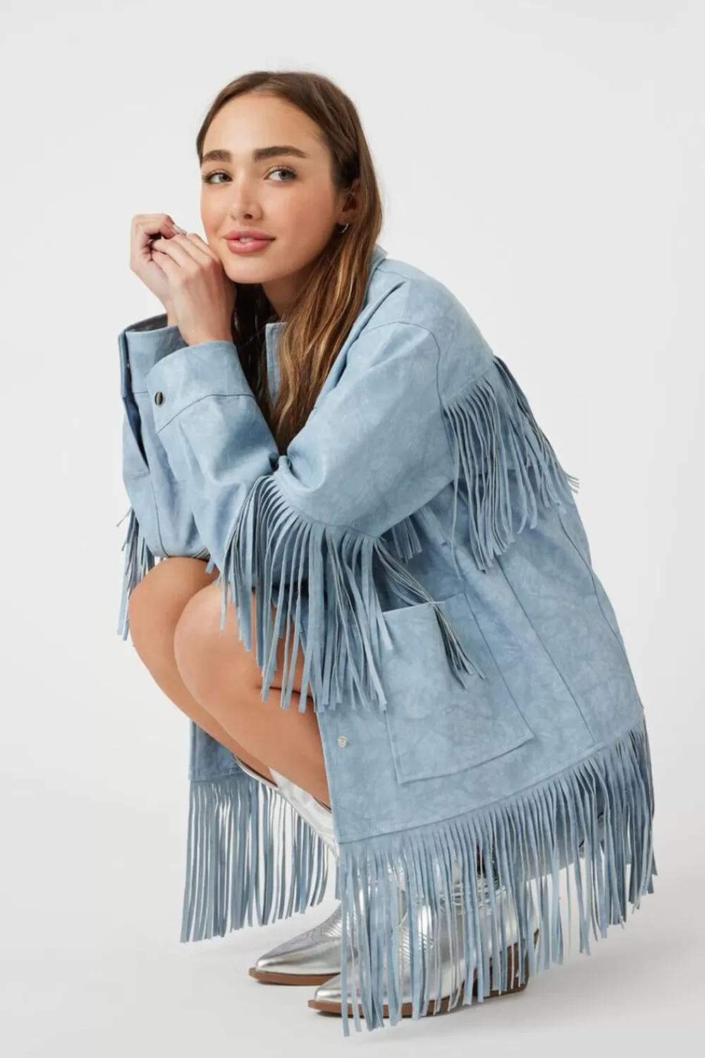 Jackets + Outerwear>Forever 21 Faux Leather Fringe Shacket Blue