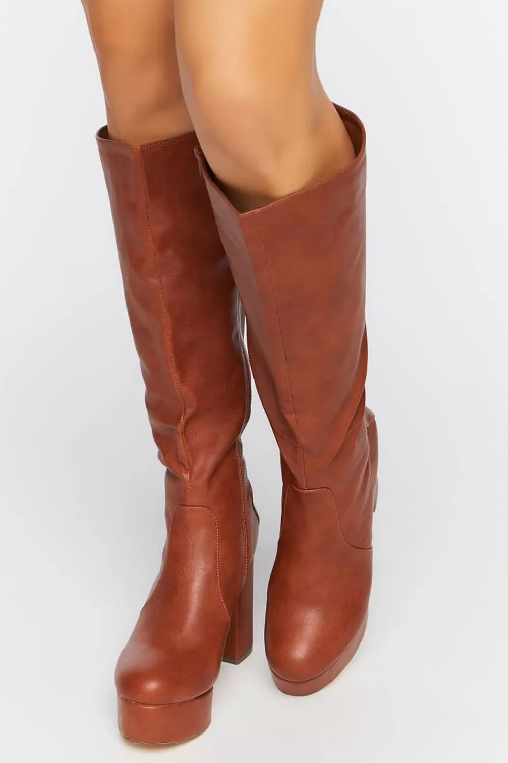 Wedges + Platforms>Forever 21 Faux Leather Knee-High Platform Boots Brown