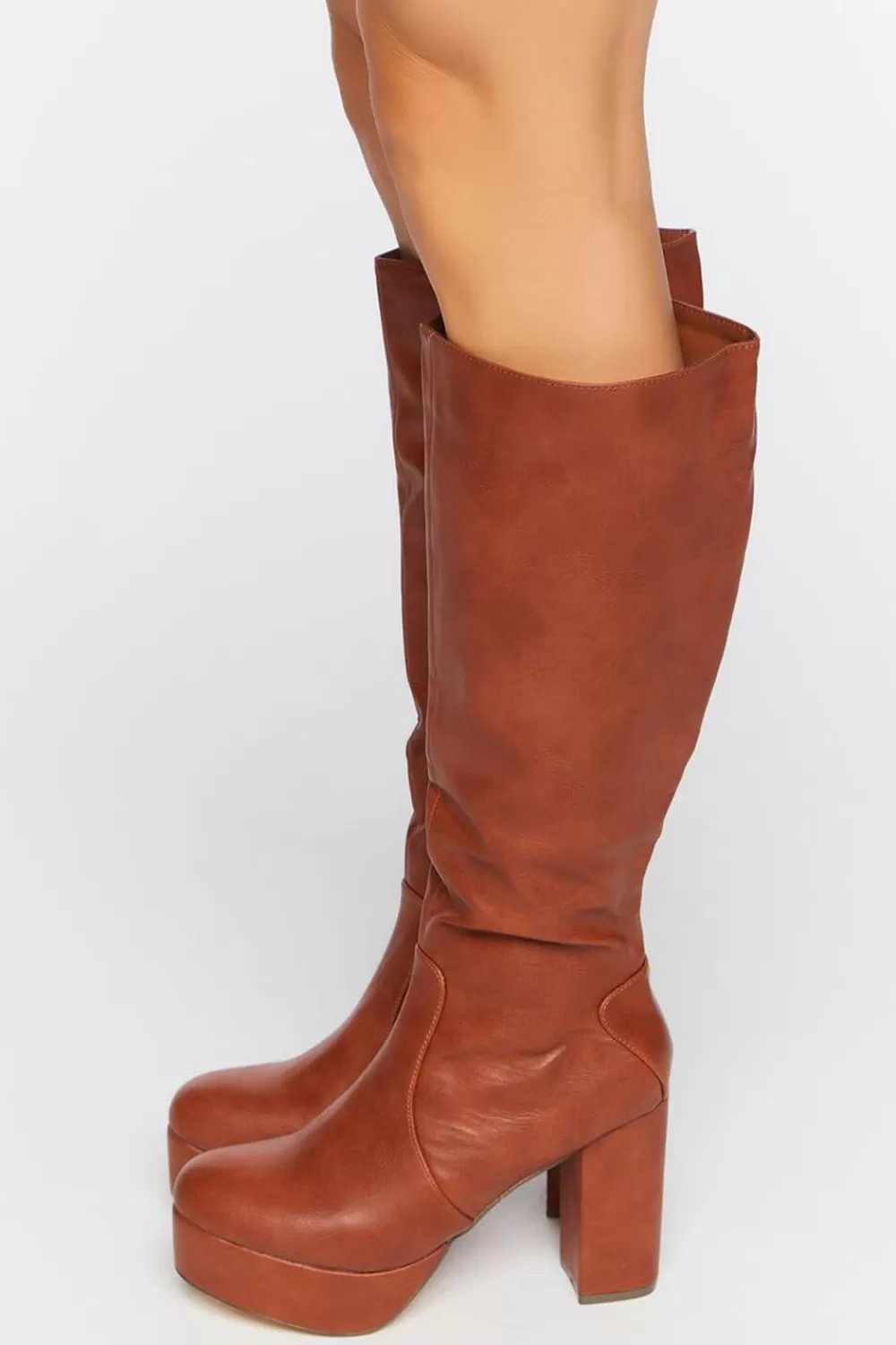 Wedges + Platforms>Forever 21 Faux Leather Knee-High Platform Boots Brown