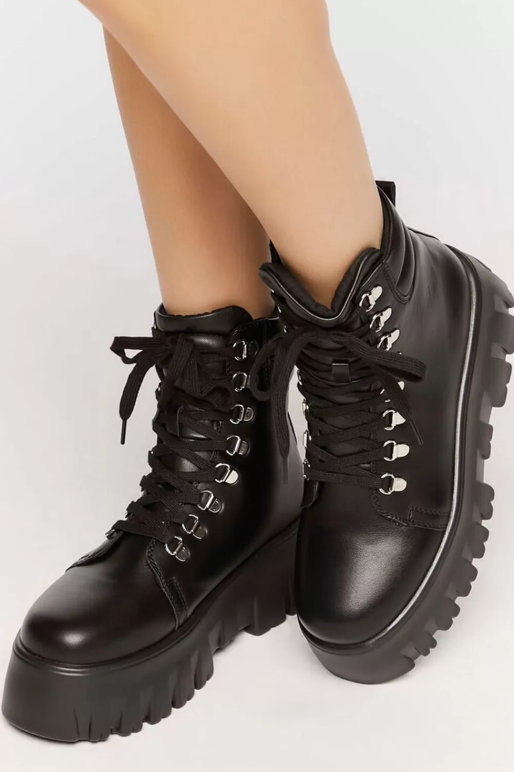 Boots + Booties>Forever 21 Faux Leather Lace-Up Combat Boots Black
