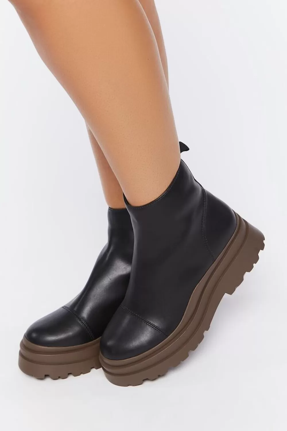 Boots + Booties>Forever 21 Faux Leather Lug Booties (Wide) Black/Brown