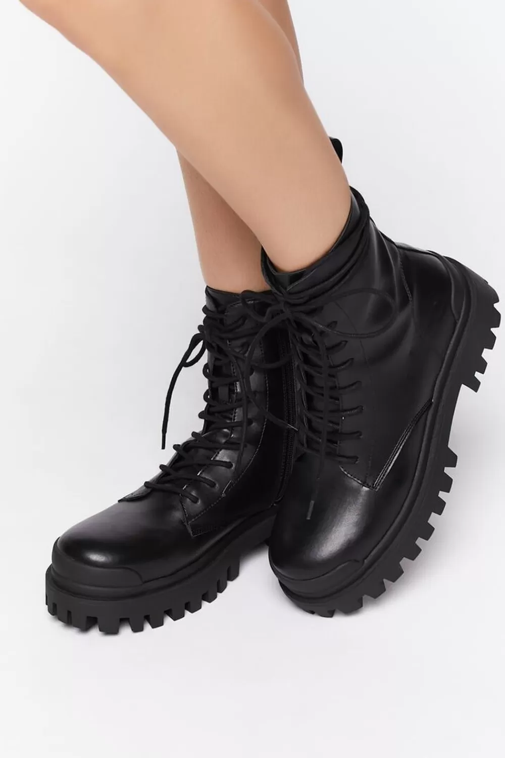 Boots + Booties>Forever 21 Faux Leather Lug Combat Boots Black/Black