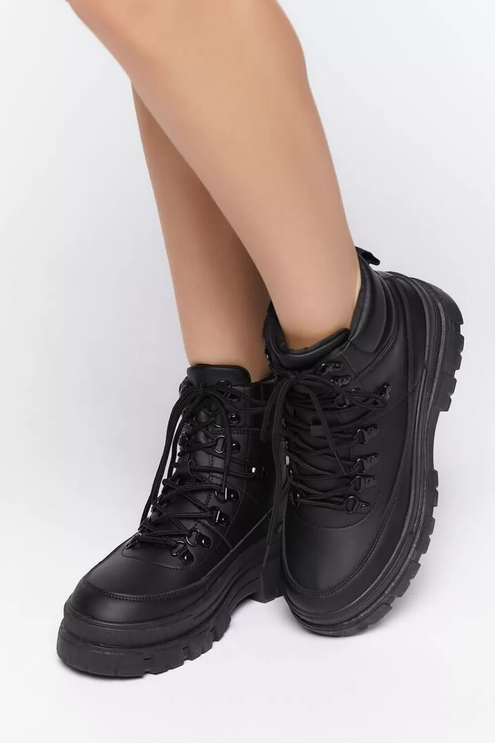 Boots + Booties>Forever 21 Faux Leather Lug-Sole Booties Black