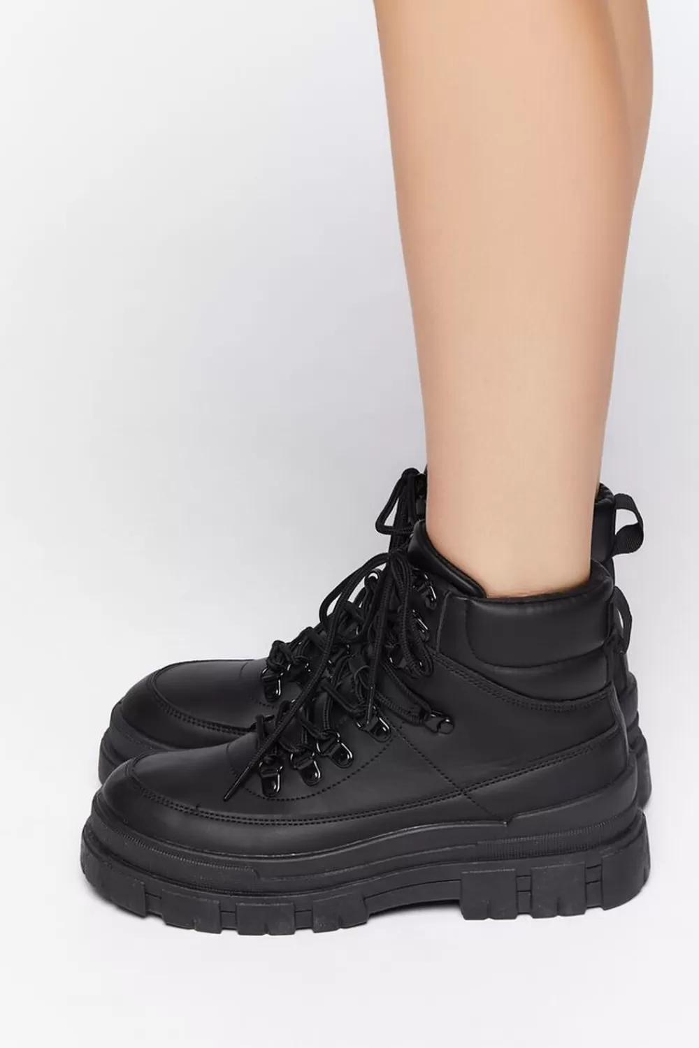 Boots + Booties>Forever 21 Faux Leather Lug-Sole Booties Black