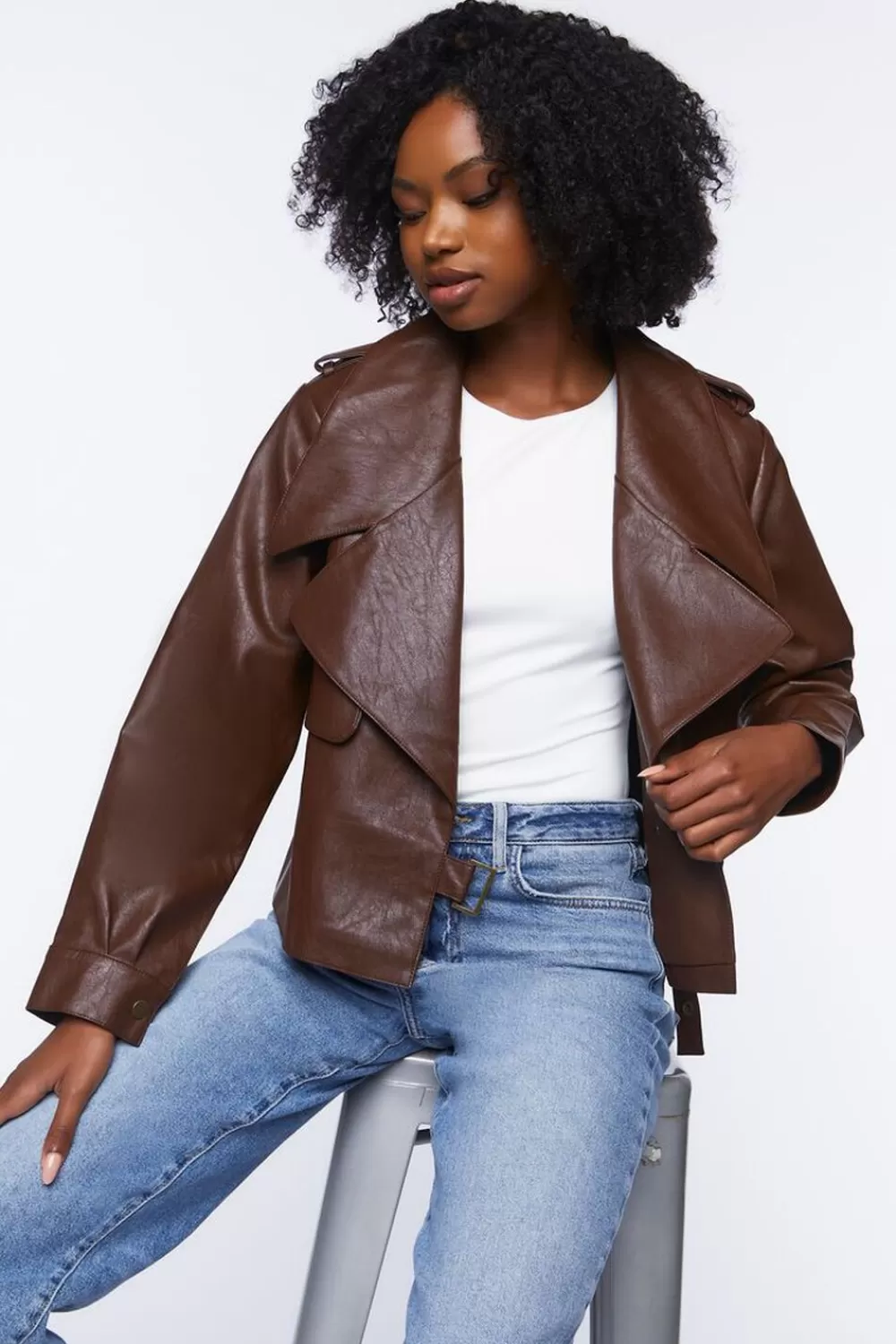 Jackets + Outerwear>Forever 21 Faux Leather Moto Jacket Chocolate
