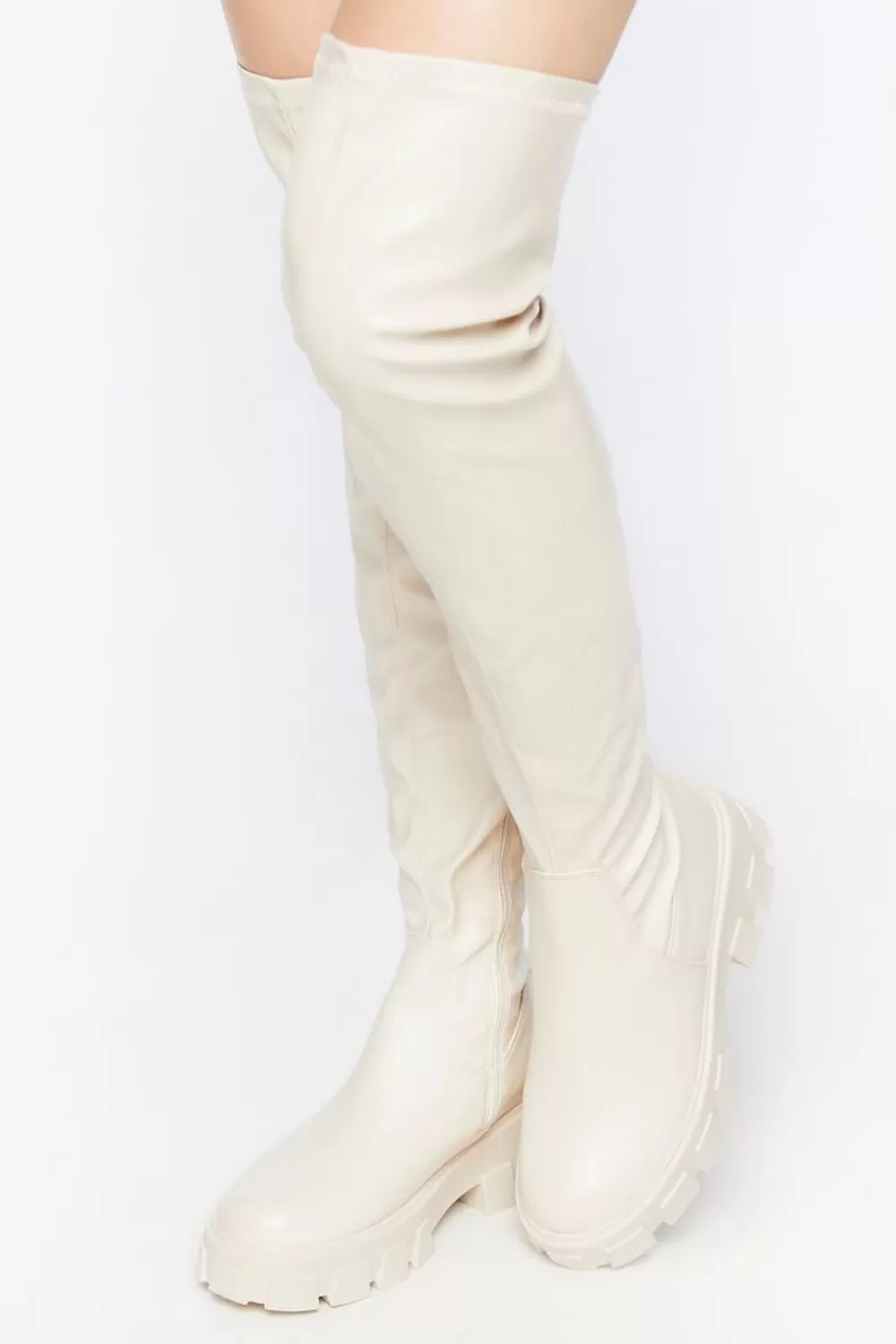 Boots + Booties>Forever 21 Faux Leather Over-The-Knee Lug Boots Beige