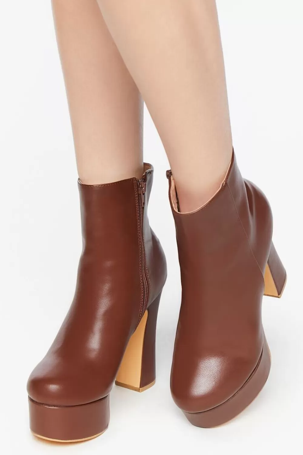 Wedges + Platforms>Forever 21 Faux Leather Platform Booties Brown