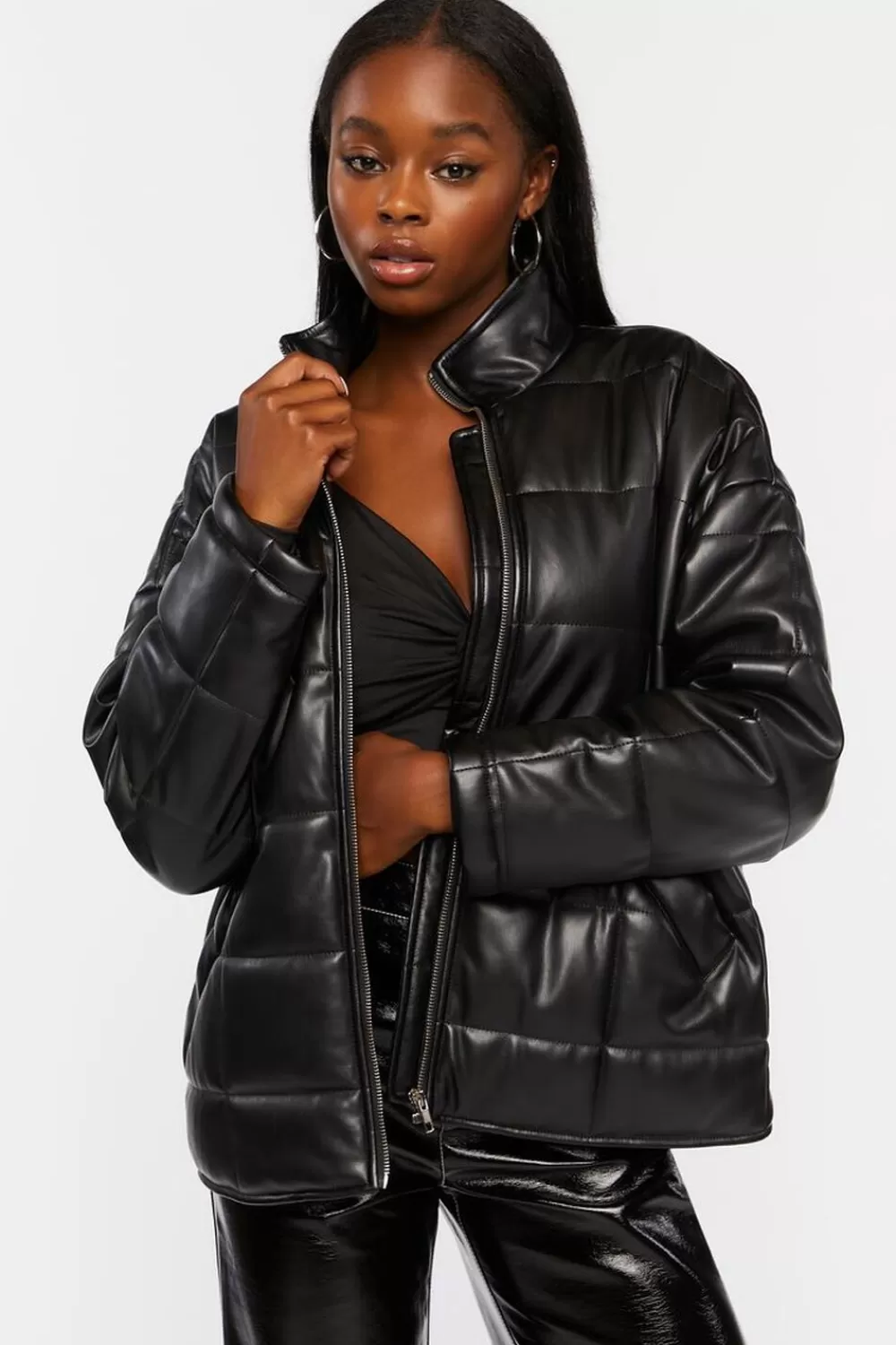 Jackets + Outerwear>Forever 21 Faux Leather Quilted Zip-Up Jacket Black