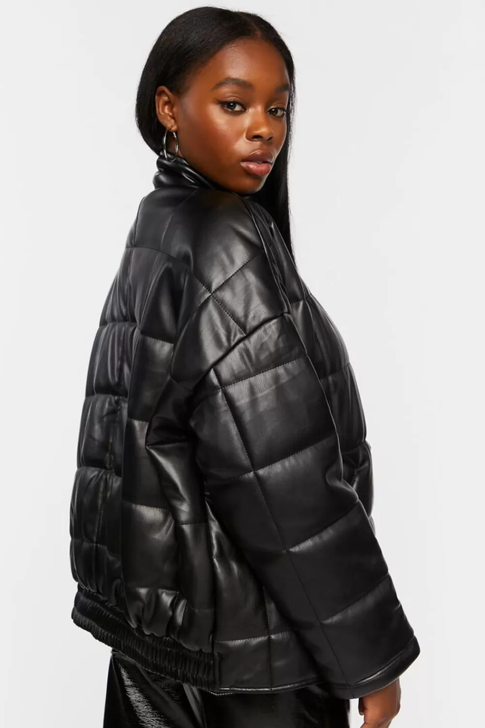 Jackets + Outerwear>Forever 21 Faux Leather Quilted Zip-Up Jacket Black