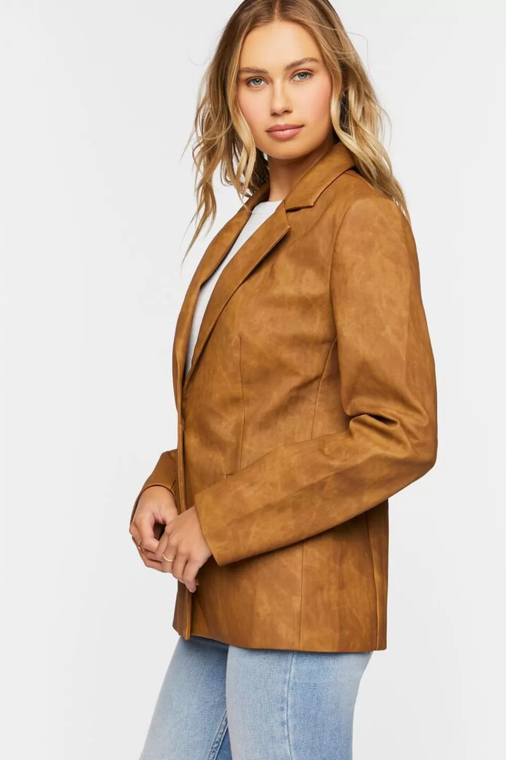 Jackets + Outerwear>Forever 21 Faux Leather Single-Breasted Blazer Camel