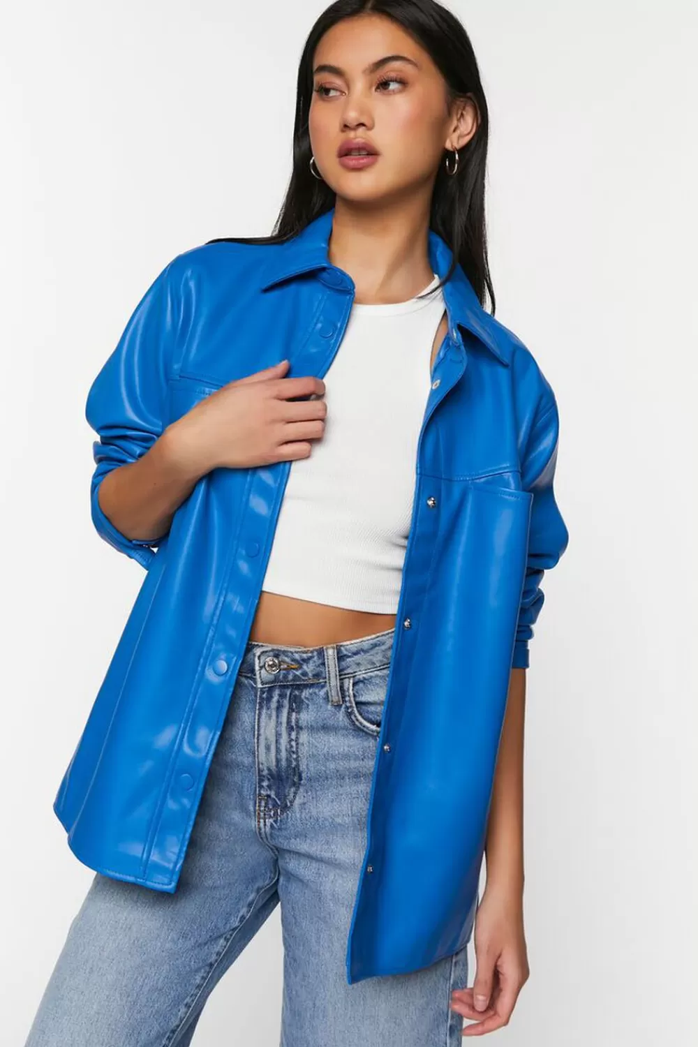 Jackets + Outerwear>Forever 21 Faux Leather Snap-Button Shacket Cobalt