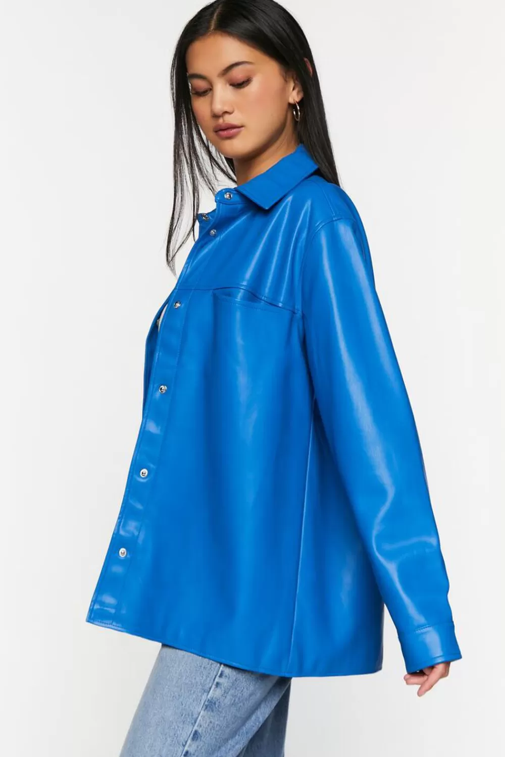 Jackets + Outerwear>Forever 21 Faux Leather Snap-Button Shacket Cobalt