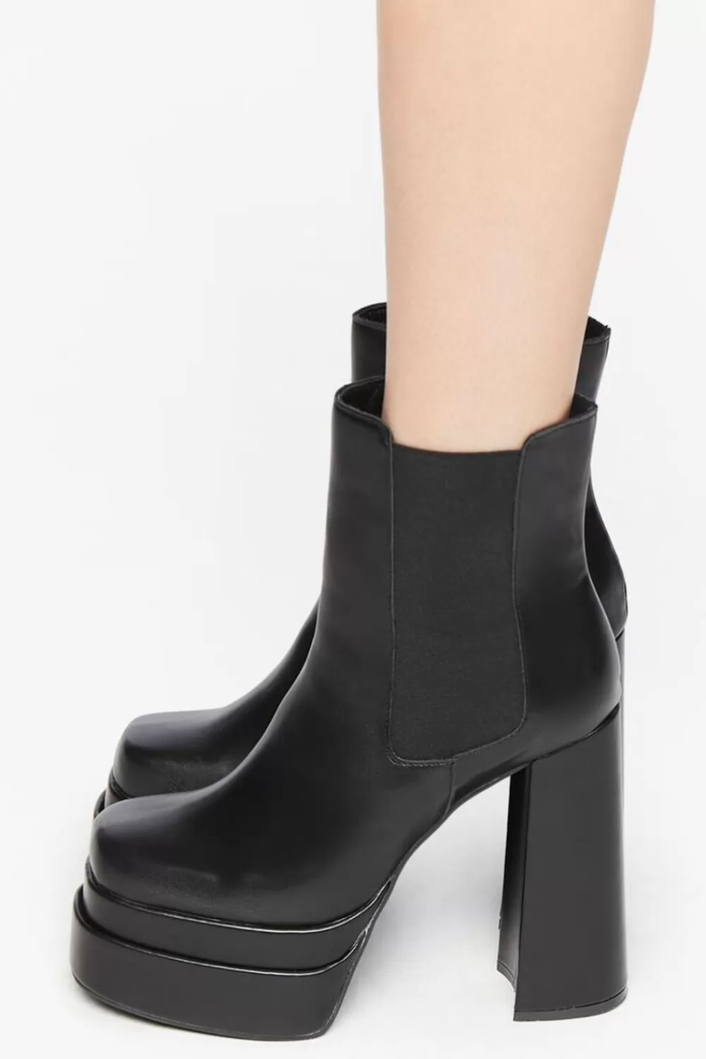 Wedges + Platforms>Forever 21 Faux Leather Stacked Platform Booties Black
